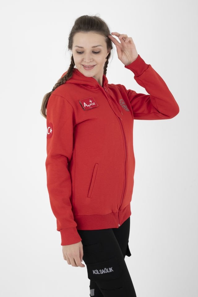 Yeni Acil Sağlık Kırmızı Kapşonlu Polar (Unisex)