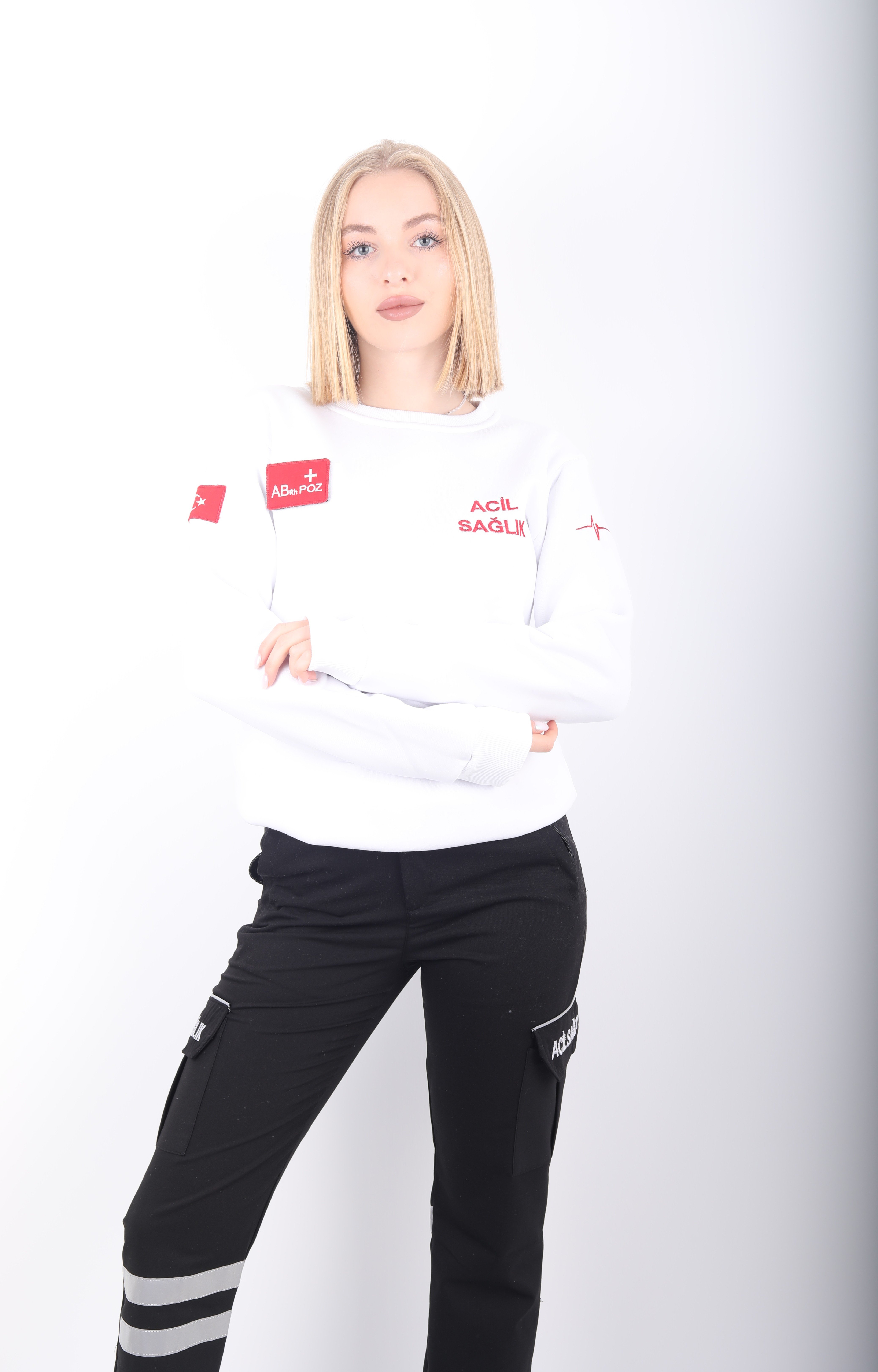 Acil Sağlık Beyaz Sıfır Yaka Swit (Unisex-3 İplik)