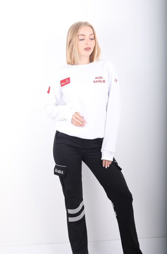 Acil Sağlık Beyaz Sıfır Yaka Swit (Unisex-3 İplik)