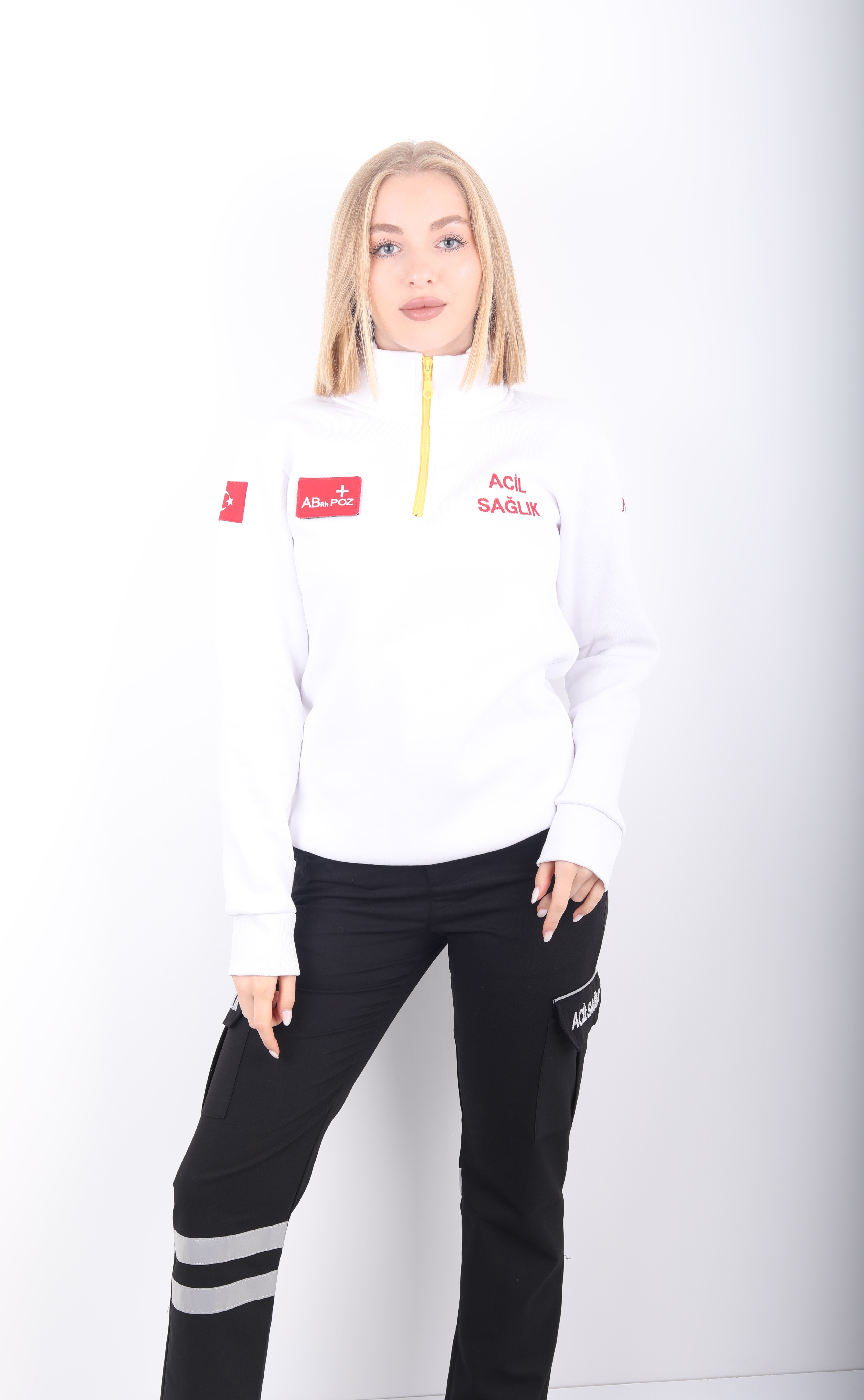 Acil Sağlık Beyaz Fermuarlı Swit (Unisex-3 İplik)