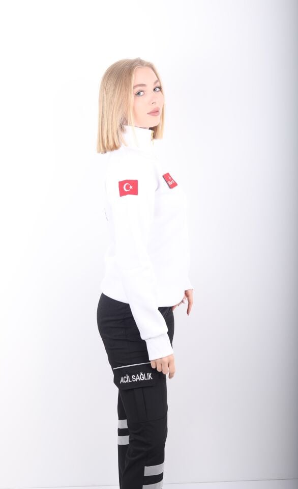 Acil Sağlık Beyaz Fermuarlı Swit (Unisex-3 İplik)