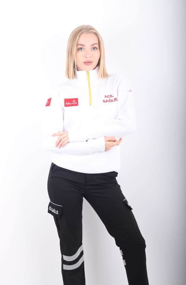 Acil Sağlık Beyaz Fermuarlı Swit (Unisex-3 İplik)