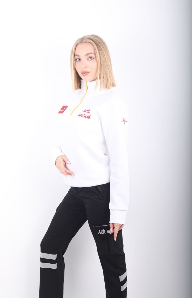 Acil Sağlık Beyaz Fermuarlı Swit (Unisex-3 İplik)