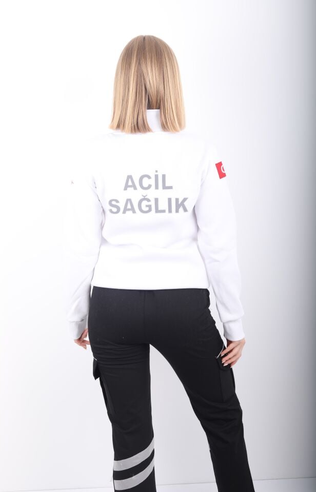 Acil Sağlık Beyaz Fermuarlı Swit (Unisex-3 İplik)