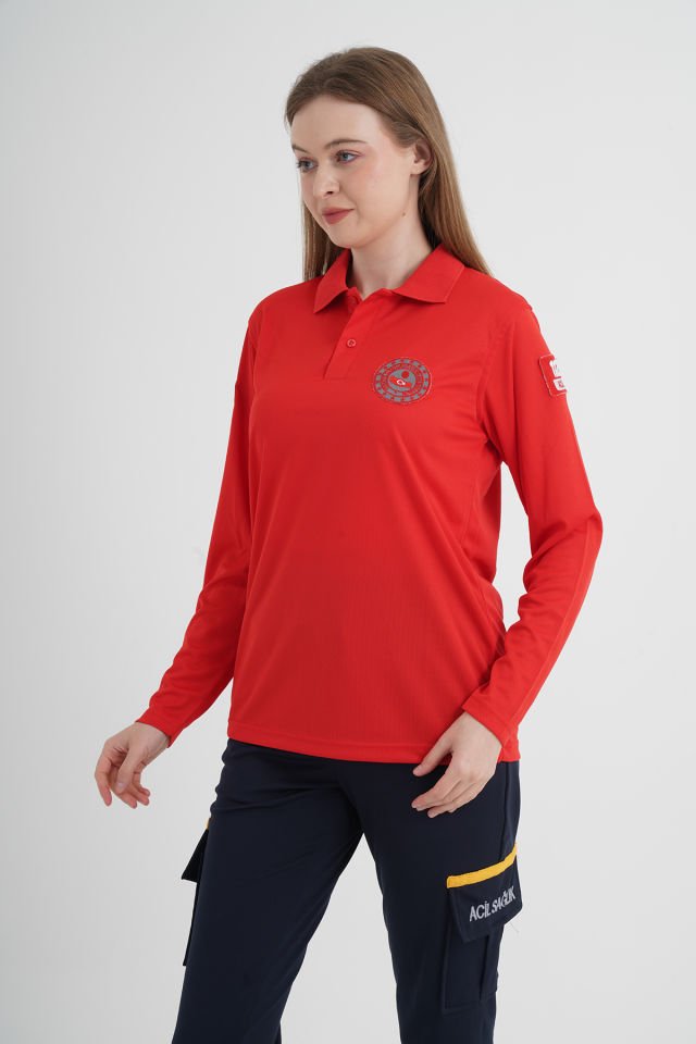 112 Acil Çağrı Merkezi Uzun Kollu Kırmızı Comfort T-shirt   (Unisex-Fileli)