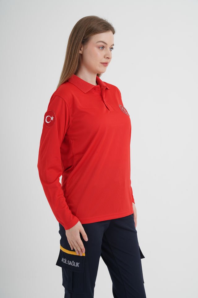 112 Acil Çağrı Merkezi Uzun Kollu Kırmızı Comfort T-shirt   (Unisex-Fileli)