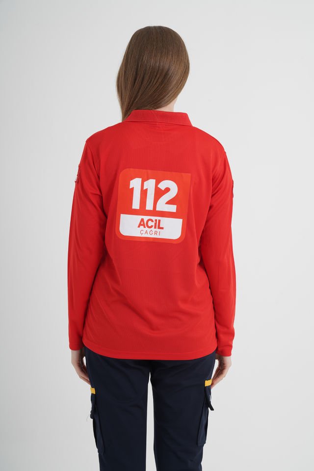 112 Acil Çağrı Merkezi Uzun Kollu Kırmızı Comfort T-shirt   (Unisex-Fileli)