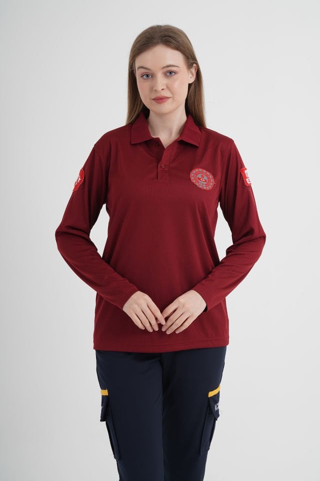 112 Acil Çağrı Merkezi Uzun Kollu Bordo Comfort T-shirt   (Unisex-Fileli)