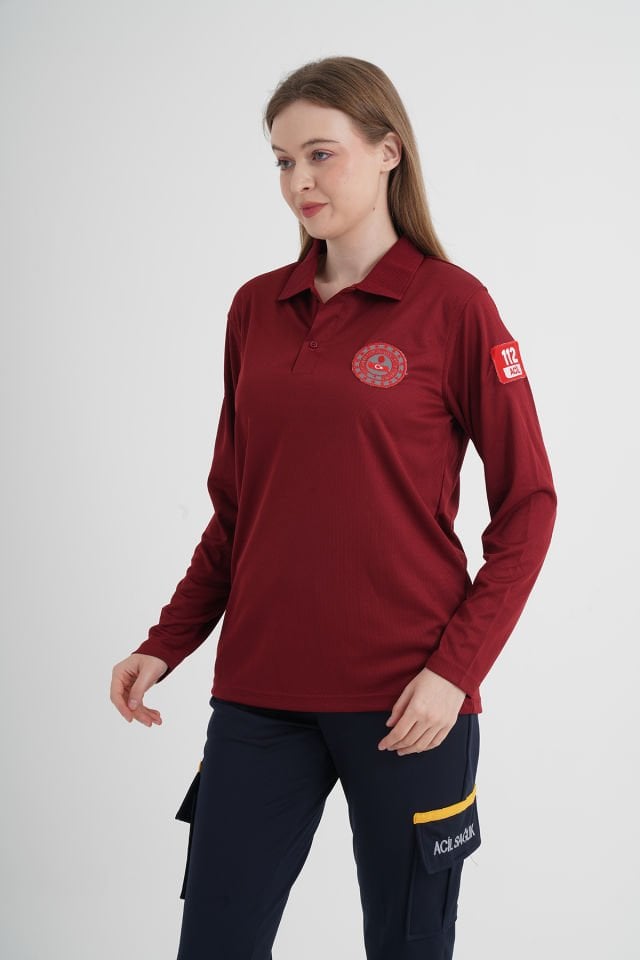 112 Acil Çağrı Merkezi Uzun Kollu Bordo Comfort T-shirt   (Unisex-Fileli)