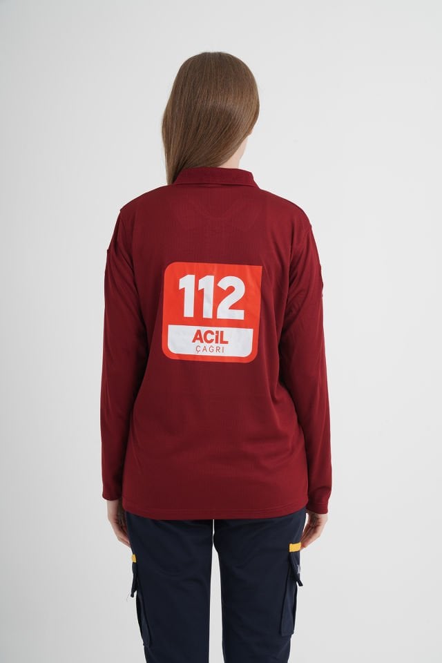 112 Acil Çağrı Merkezi Uzun Kollu Bordo Comfort T-shirt   (Unisex-Fileli)