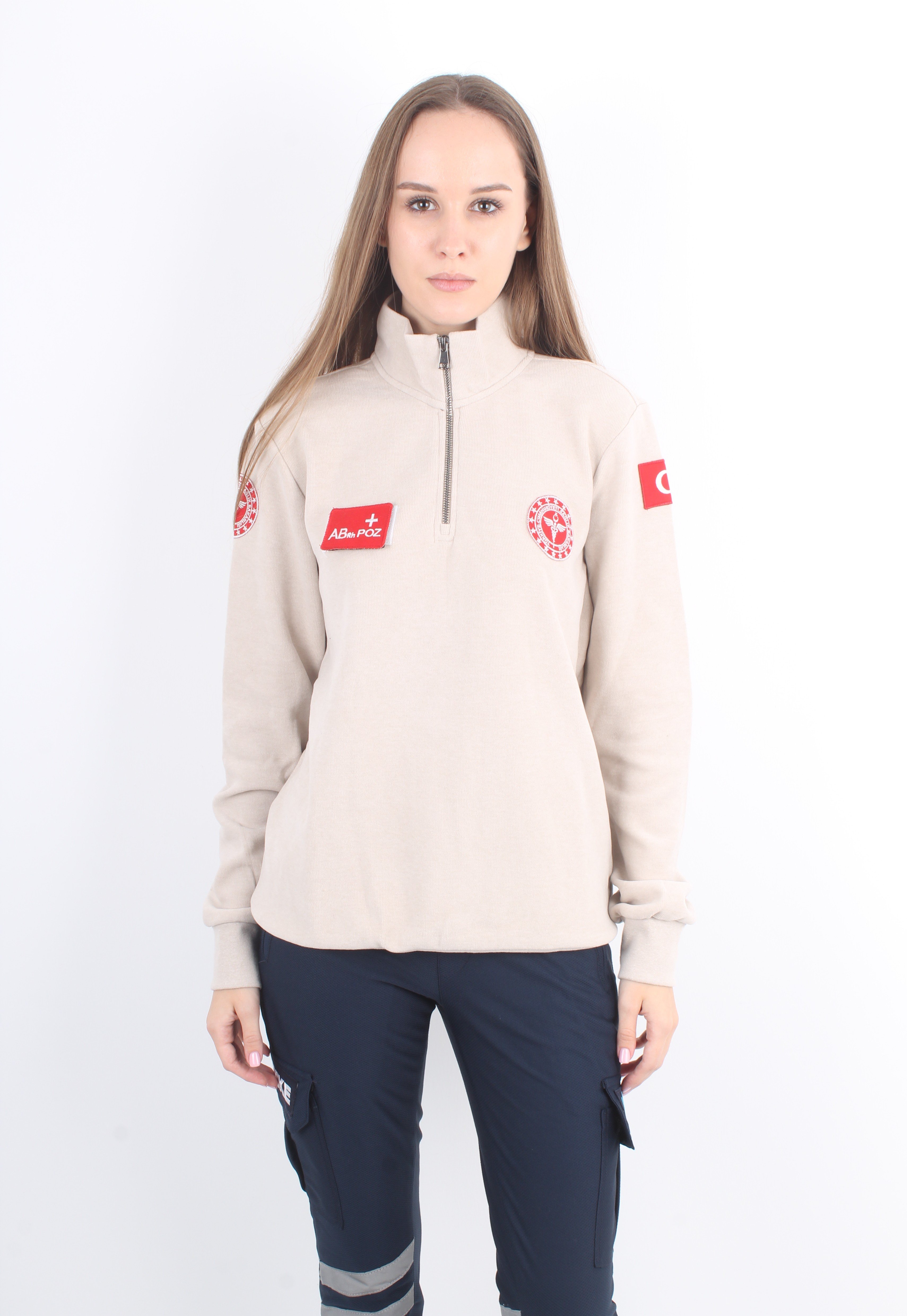 112 Acil Sağlık Krem Rengi Fermuarlı Swit Örme Kumaş (Unisex)