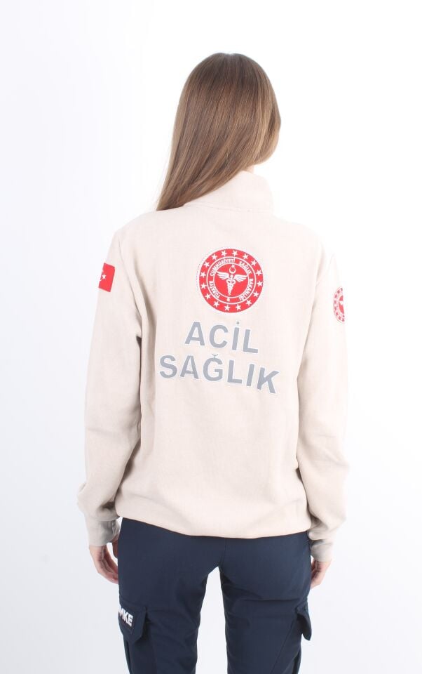 112 Acil Sağlık Krem Rengi Fermuarlı Swit Örme Kumaş (Unisex)