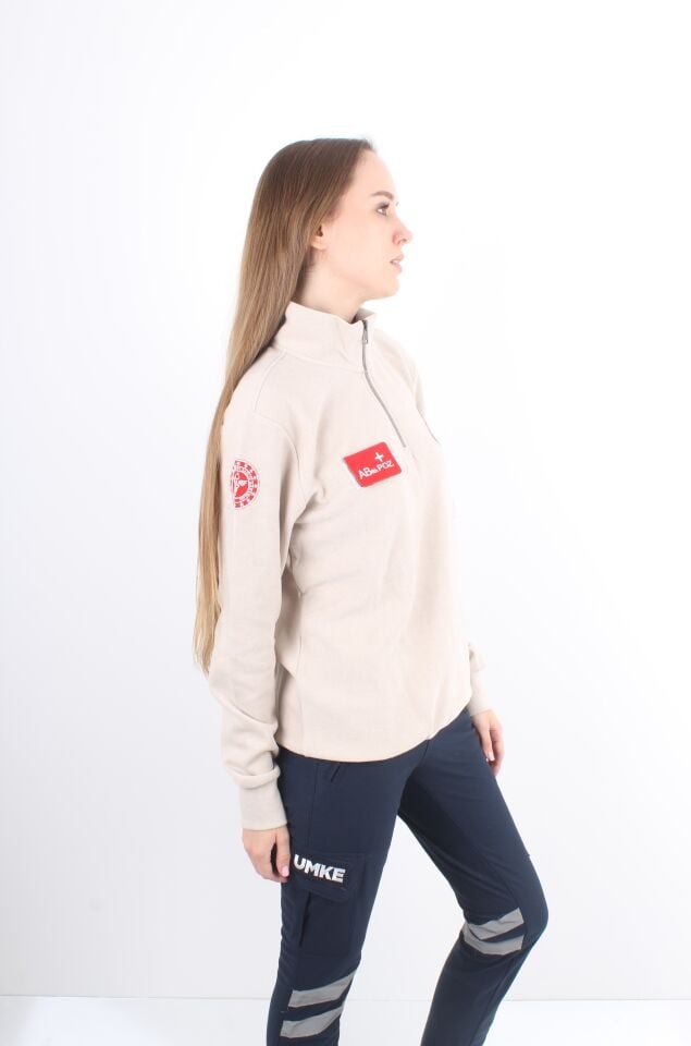 112 Acil Sağlık Krem Rengi Fermuarlı Swit Örme Kumaş (Unisex)