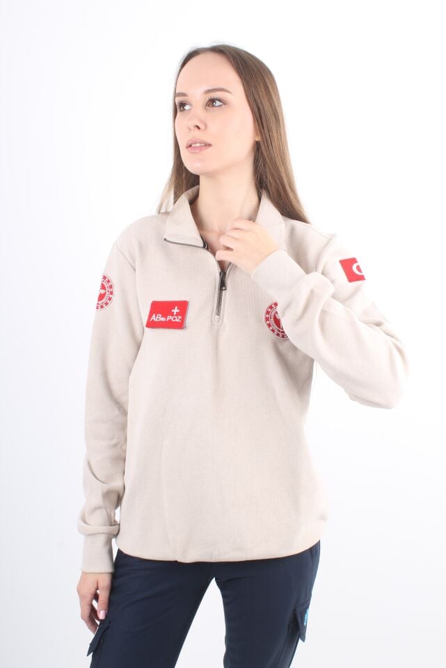 112 Acil Sağlık Krem Rengi Fermuarlı Swit Örme Kumaş (Unisex)