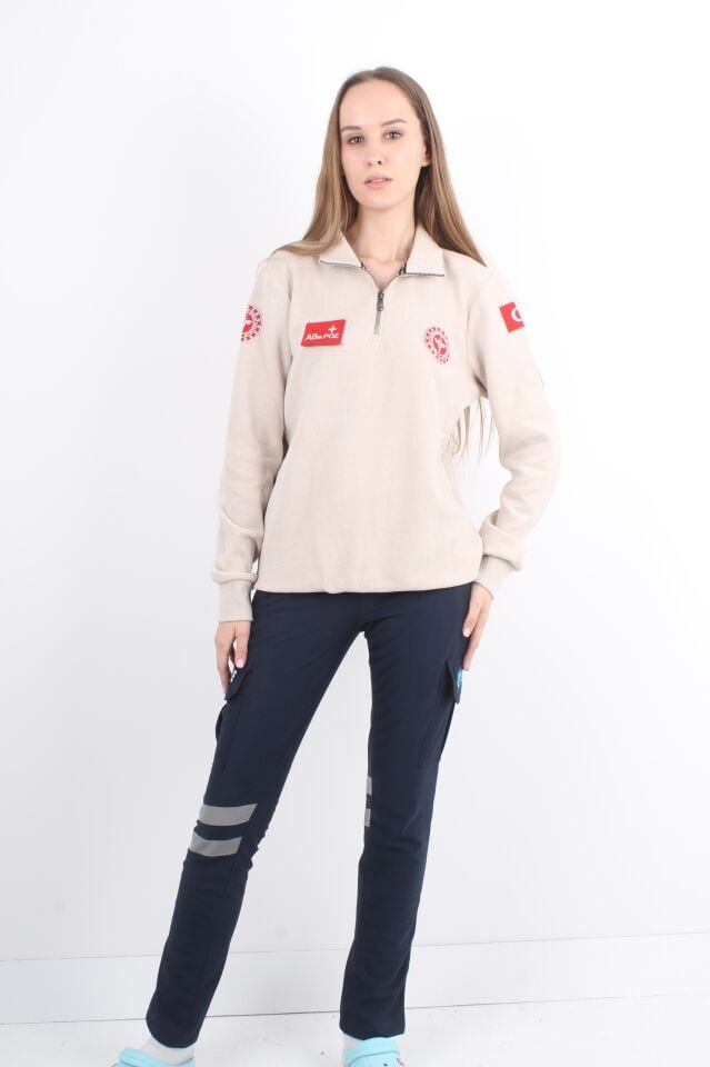 112 Acil Sağlık Krem Rengi Fermuarlı Swit Örme Kumaş (Unisex)