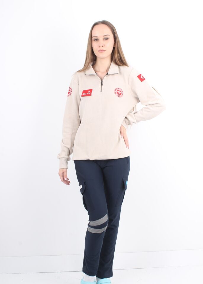 112 Acil Sağlık Krem Rengi Fermuarlı Swit Örme Kumaş (Unisex)