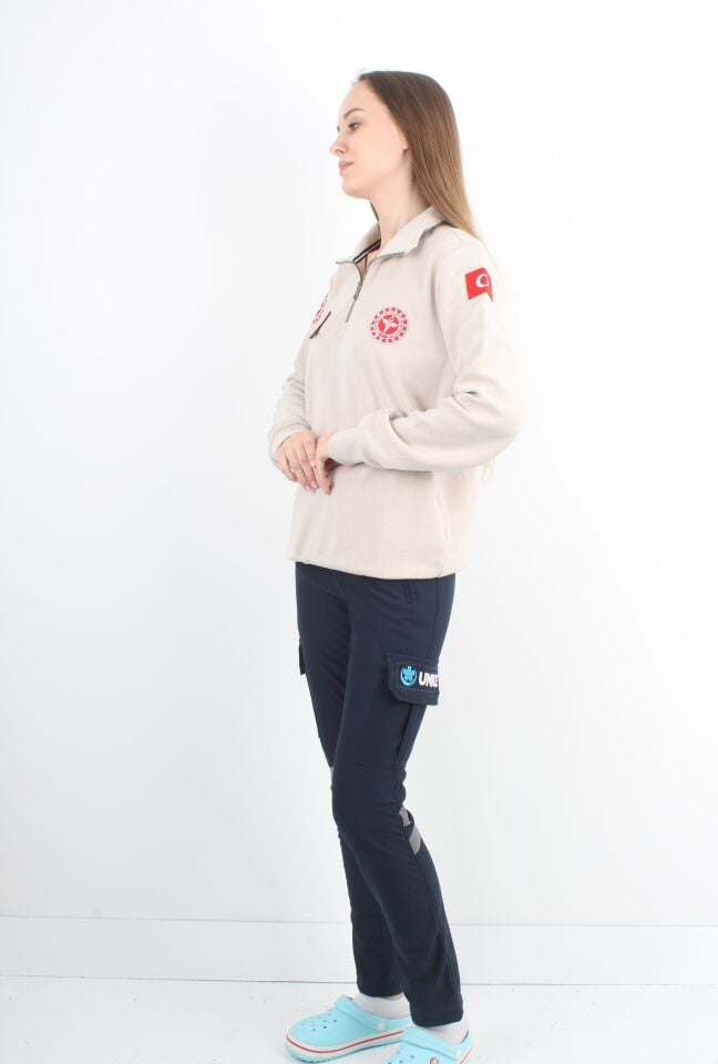 112 Acil Sağlık Krem Rengi Fermuarlı Swit Örme Kumaş (Unisex)