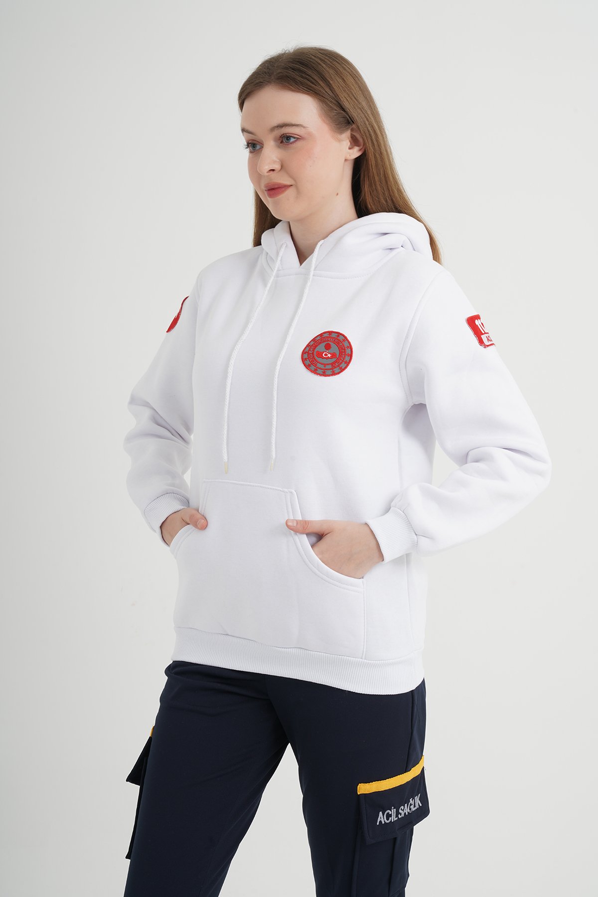 112 Acil Çağrı Merkezi Beyaz Kapşonlu Swit (Unisex)