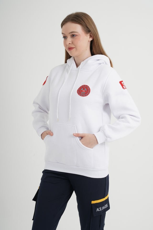 112 Acil Çağrı Merkezi Beyaz Kapşonlu Swit (Unisex)