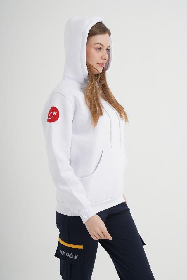 112 Acil Çağrı Merkezi Beyaz Kapşonlu Swit (Unisex)