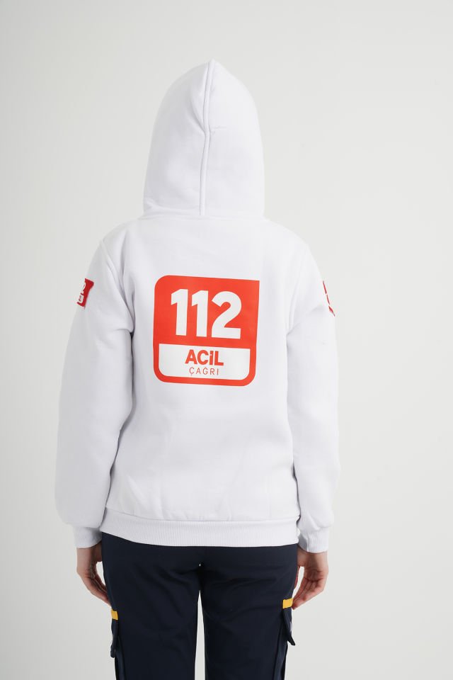 112 Acil Çağrı Merkezi Beyaz Kapşonlu Swit (Unisex)