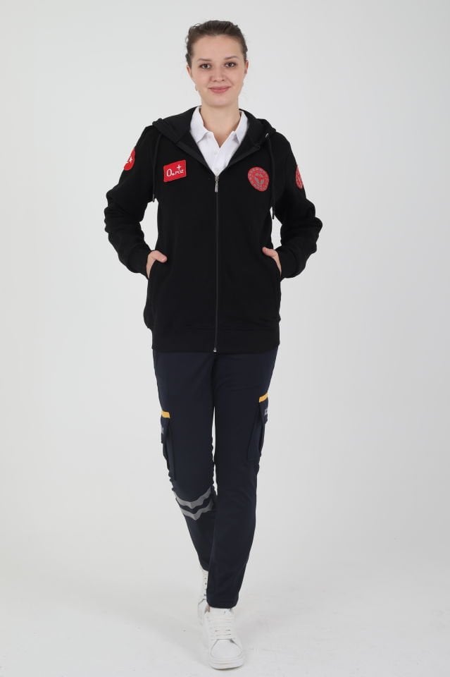Yeni Acil Sağlık Siyah Kapşonlu Polar (Unisex)