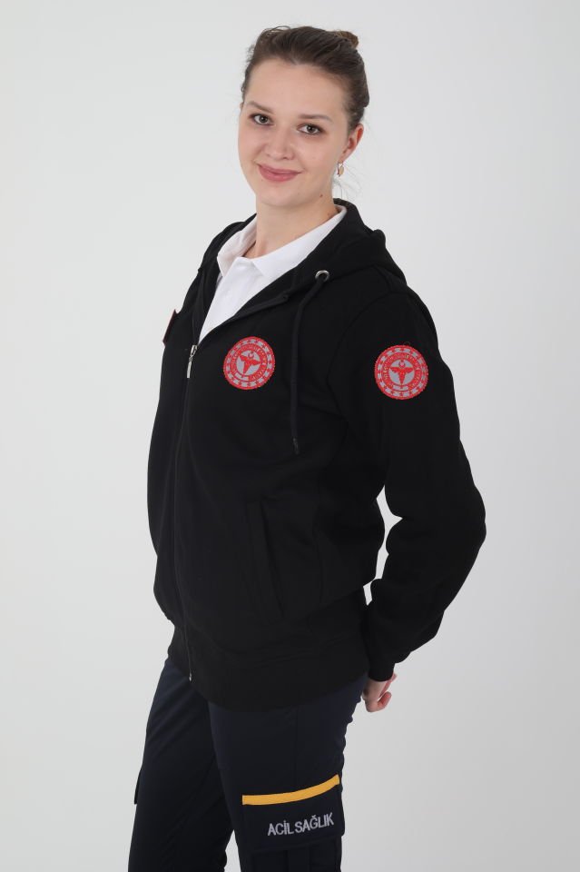Yeni Acil Sağlık Siyah Kapşonlu Polar (Unisex)