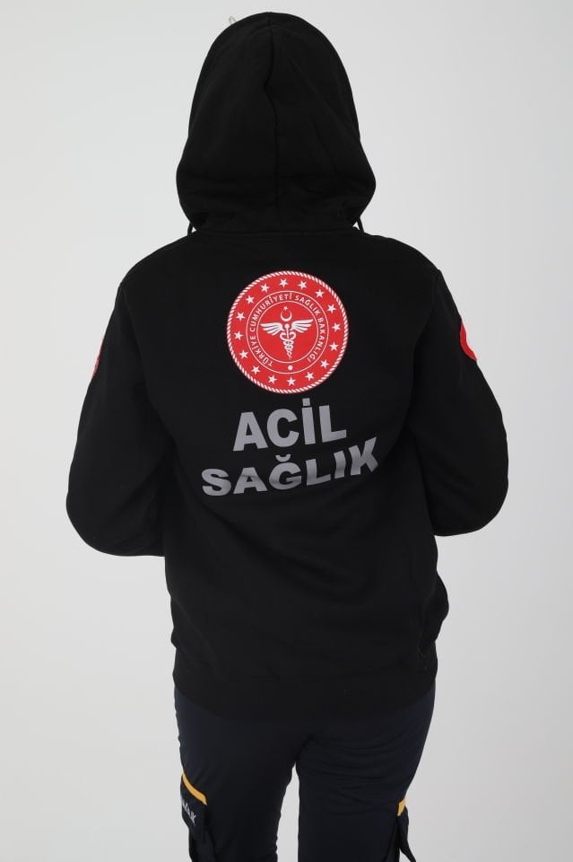 Yeni Acil Sağlık Siyah Kapşonlu Polar (Unisex)