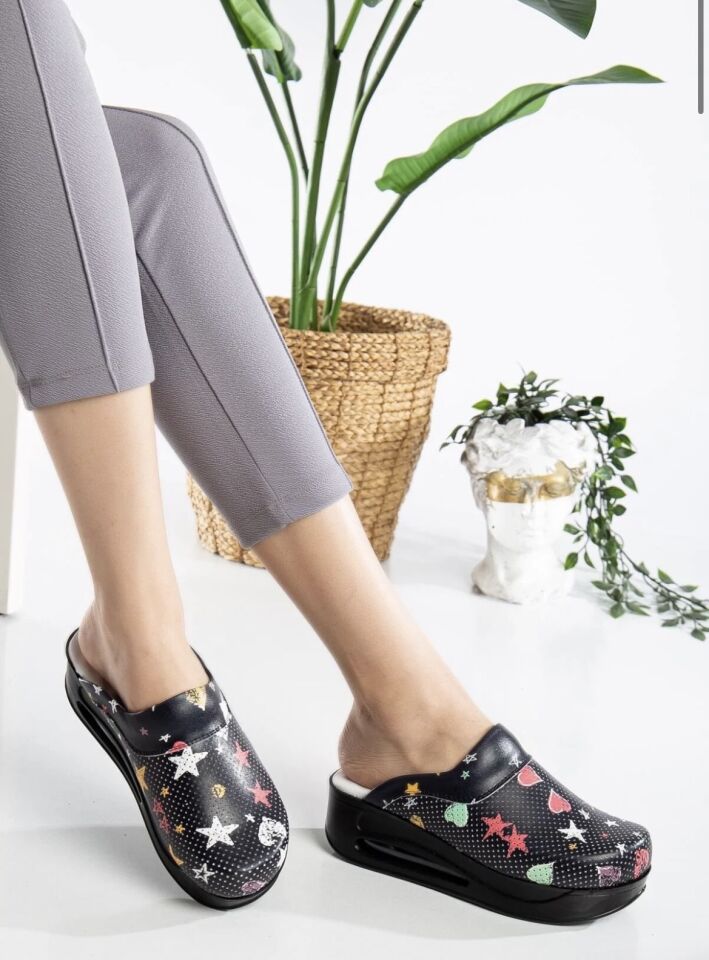 Siyah Yıldız Desenli Airmax Ortopedik Terlik