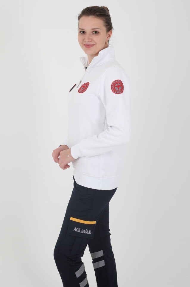 Yeni Acil Sağlık (112) Beyaz Fermuarlı Swit (Unisex-3 İplik)