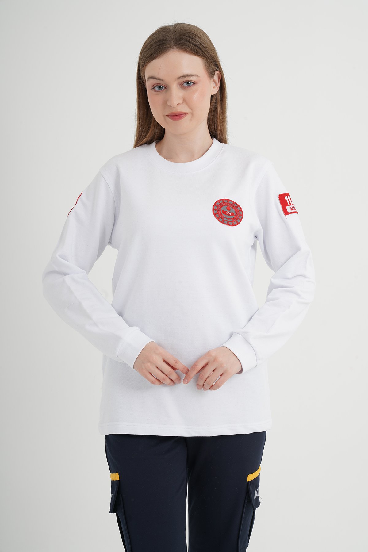 112 Acil Çağrı Merkezi Beyaz Sıfır Yaka Swit (Unisex)