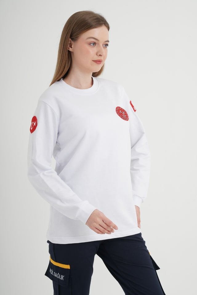 112 Acil Çağrı Merkezi Beyaz Sıfır Yaka Swit (Unisex)