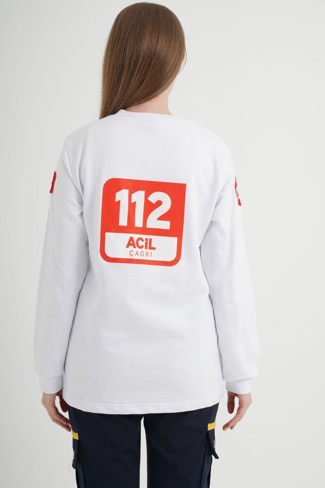 112 Acil Çağrı Merkezi Beyaz Sıfır Yaka Swit (Unisex)