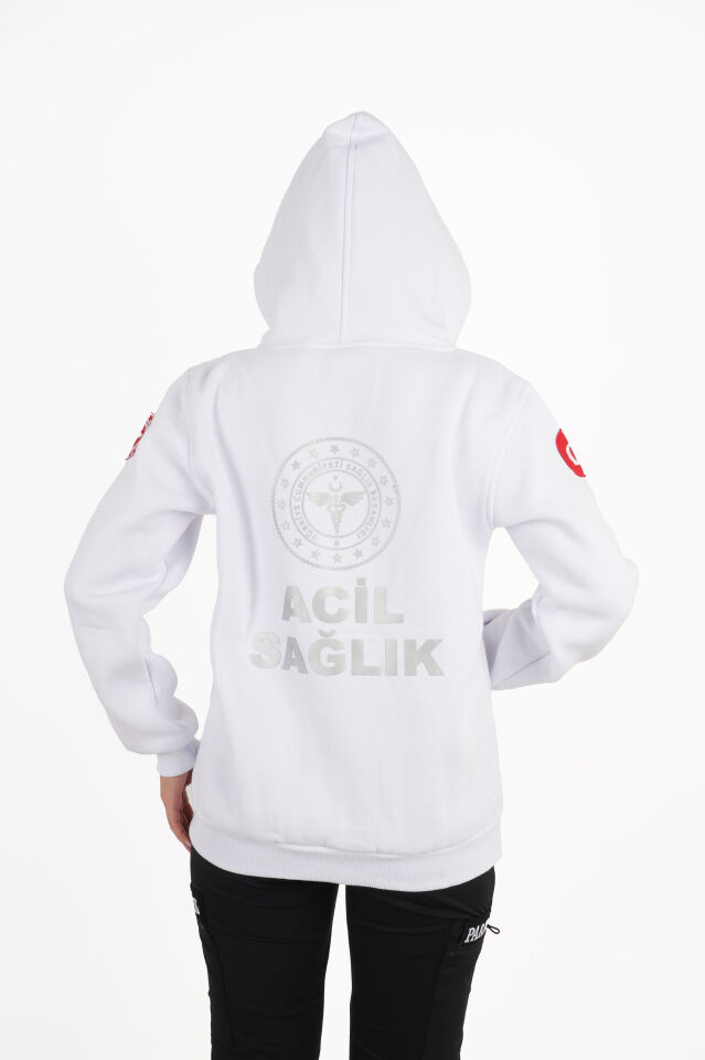 112 Acil Sağlık Beyaz Kapşonlu Swit (Unisex)