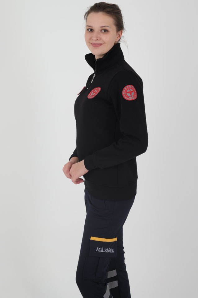 Yeni 112 Acil Sağlık Siyah Fermuarlı Swit (Unisex-3 İplik)