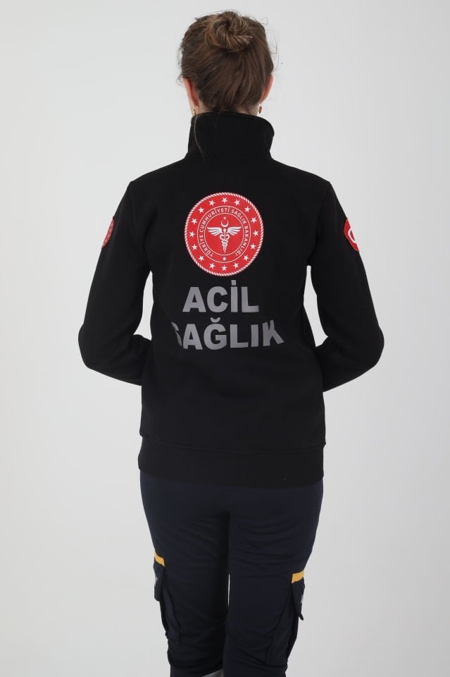 Yeni 112 Acil Sağlık Siyah Fermuarlı Swit (Unisex-3 İplik)
