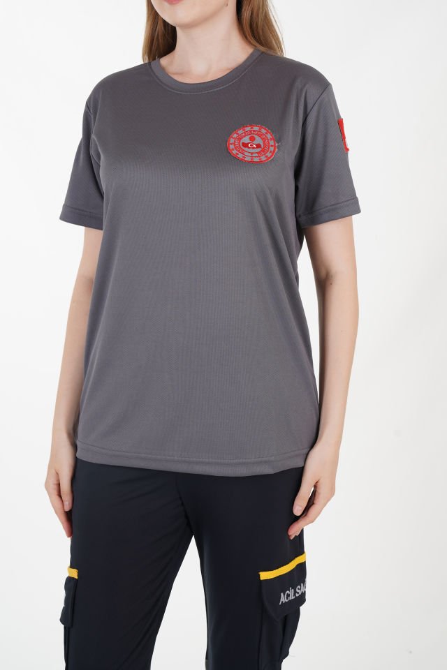112 Acil Çağrı Merkezi Füme Sıfır Yaka Comfort T-shirt  (Unisex-Fileli)
