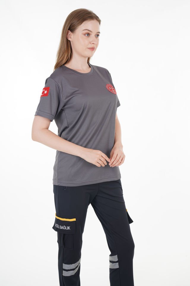 112 Acil Çağrı Merkezi Füme Sıfır Yaka Comfort T-shirt  (Unisex-Fileli)