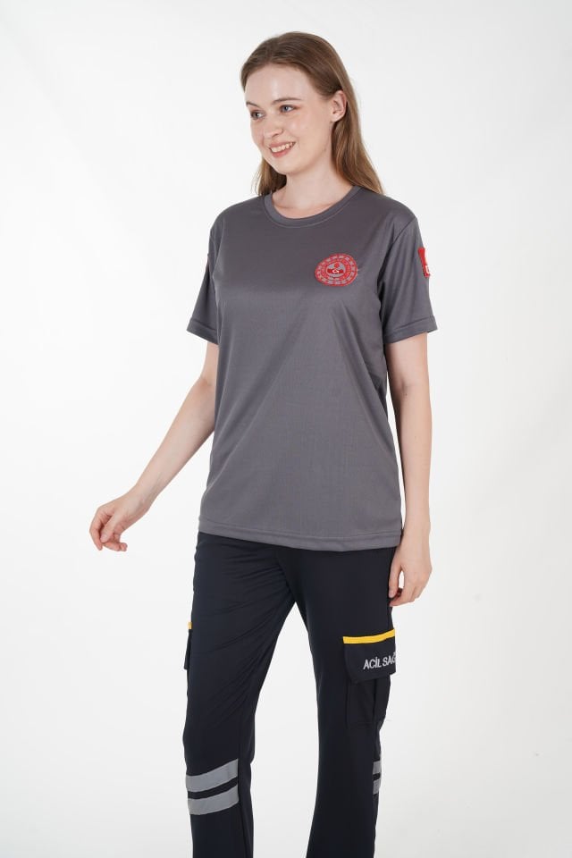 112 Acil Çağrı Merkezi Füme Sıfır Yaka Comfort T-shirt  (Unisex-Fileli)