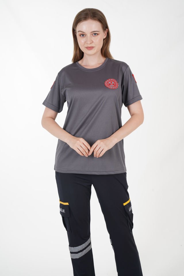 112 Acil Çağrı Merkezi Füme Sıfır Yaka Comfort T-shirt  (Unisex-Fileli)