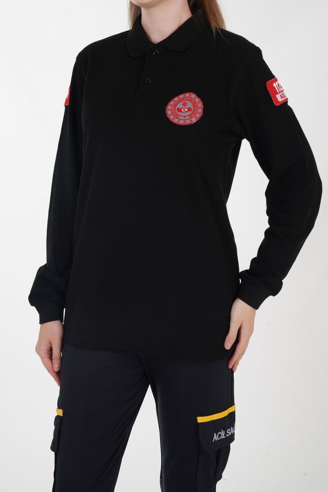 112 Acil Çağrı Merkezi Siyah Uzun Kollu Lacost T-shirt  (Unisex)