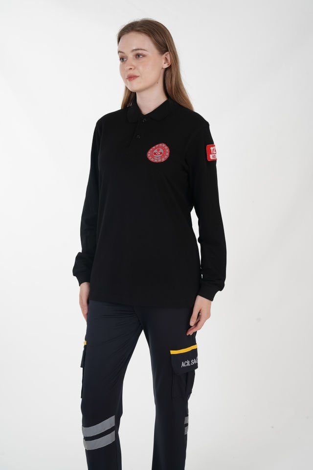 112 Acil Çağrı Merkezi Siyah Uzun Kollu Lacost T-shirt  (Unisex-Fileli)