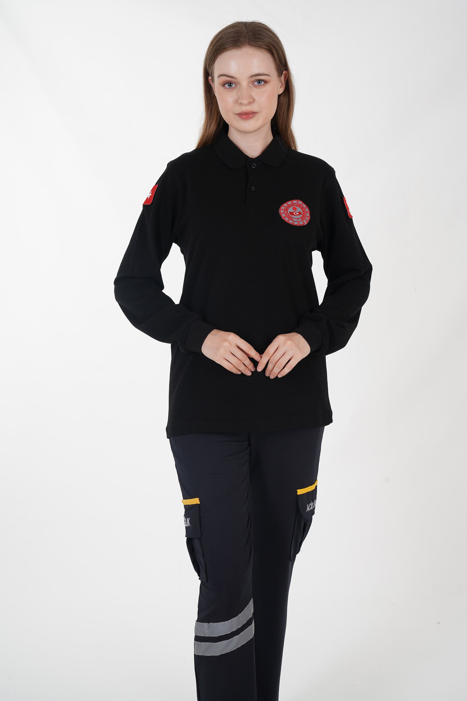 112 Acil Çağrı Merkezi Siyah Uzun Kollu Lacost T-shirt  (Unisex-Fileli)