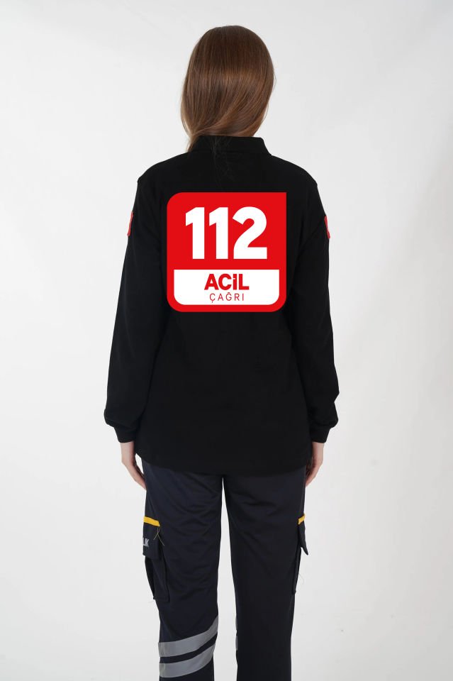 112 Acil Çağrı Merkezi Siyah Uzun Kollu Lacost T-shirt  (Unisex-Fileli)