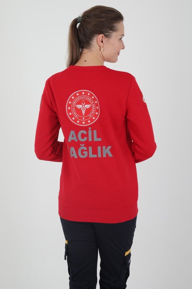 Yeni 112 Acil Sağlık Kırmızı Sıfır Yaka Swit (Unisex- 3 İplik)