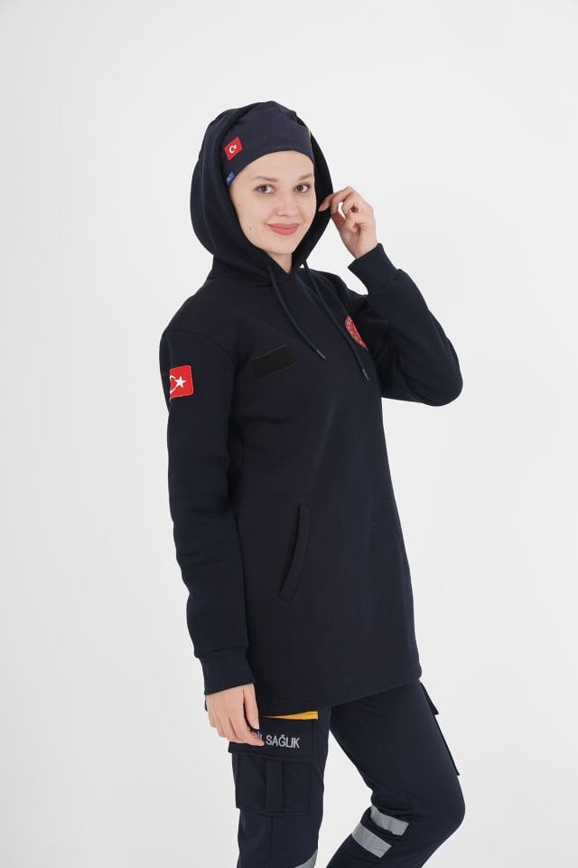 112 Lacivert Tunik Kapşonlu Swit (%100 Pamuk)