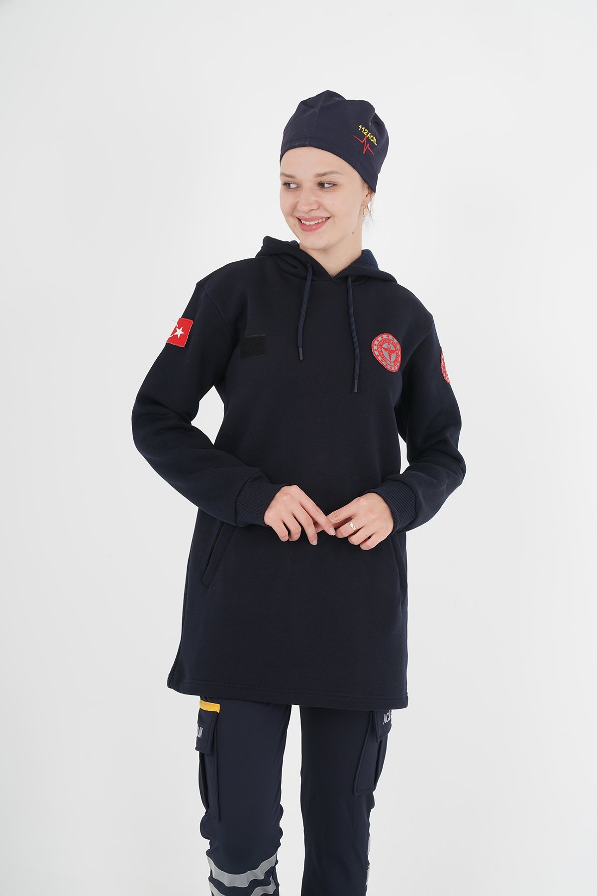 112 Lacivert Tunik Kapşonlu Swit (%100 Pamuk)