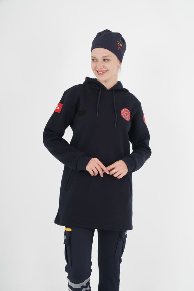 112 Lacivert Tunik Kapşonlu Swit (%100 Pamuk)