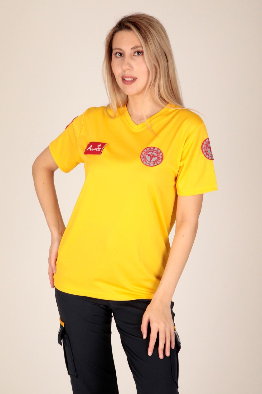 Yeni Sarı V Yaka 112 Acil Sağlık T-shirt (Fileli-Unisex)