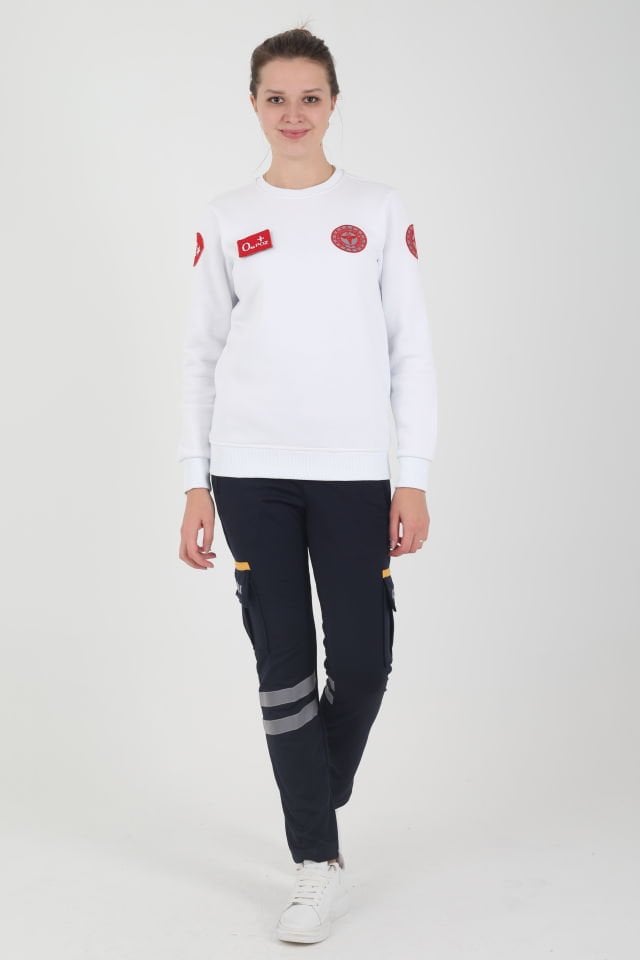Yeni Acil Sağlık Beyaz Sıfır Yaka Swit (Unisex- 3 İplik)